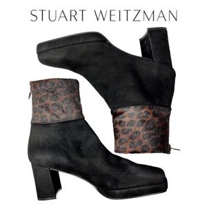 Stuart Weitzman Women 7‎ Black Suede Animal Print Collar Ankle Zip Heeled Boot